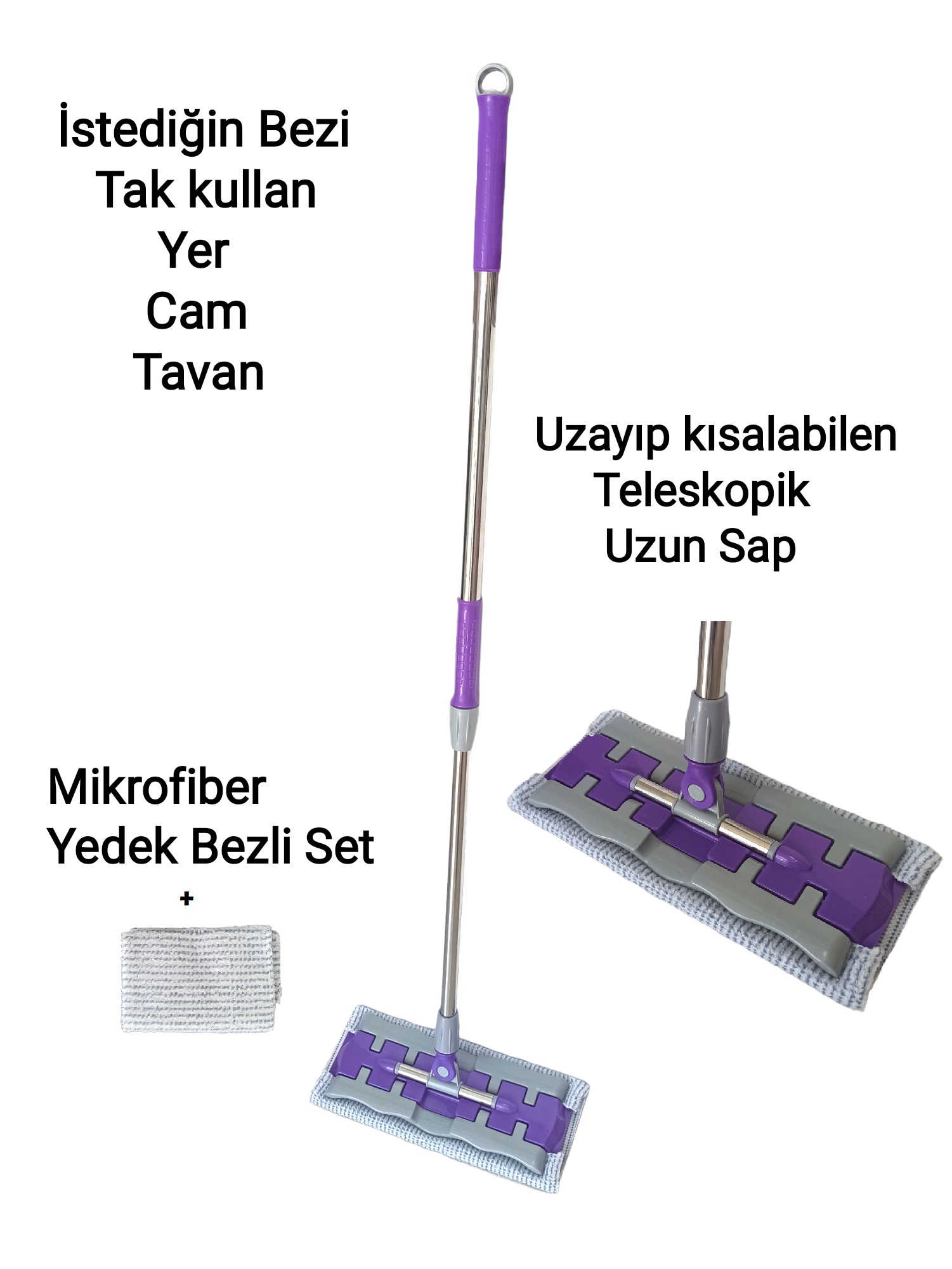 Bez Tak mop Sihirli Mop Temizlik Seti Yedek Bez, Istediğin Bezi Tak Kullan, Yer Duvar Tavan Mopu