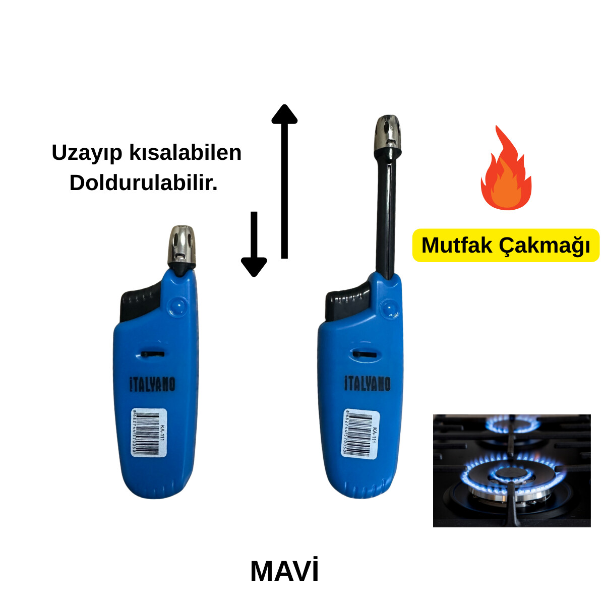 Çakmak Mutfak Çakmağı Kamp Çakmağı Uzayıp kısalabilen doldurulabilir çakmak