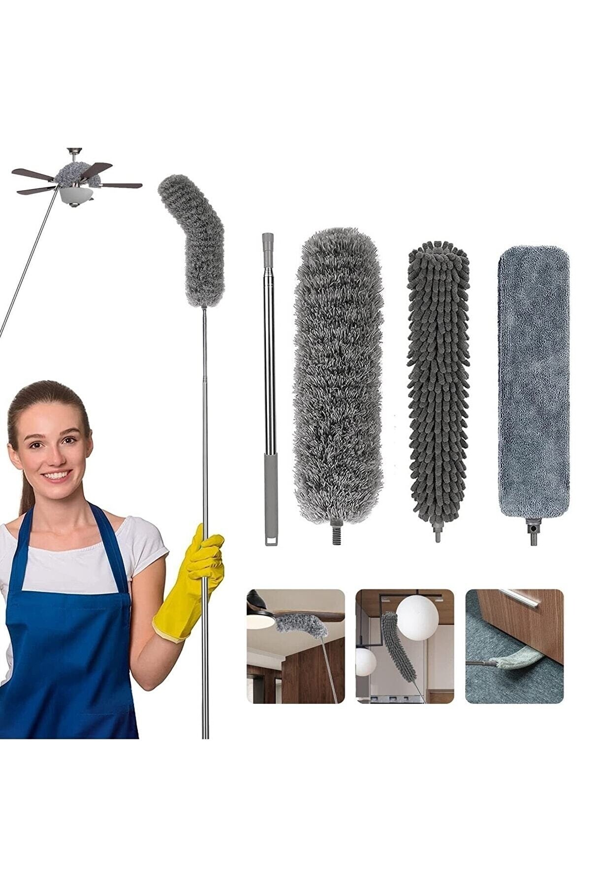 3 Farklı Başlıklı Mikrofiber Anti-statik Bükülebilir Teleskopik Köşe Bucak Toz Alma Püskülü tozalmaseti